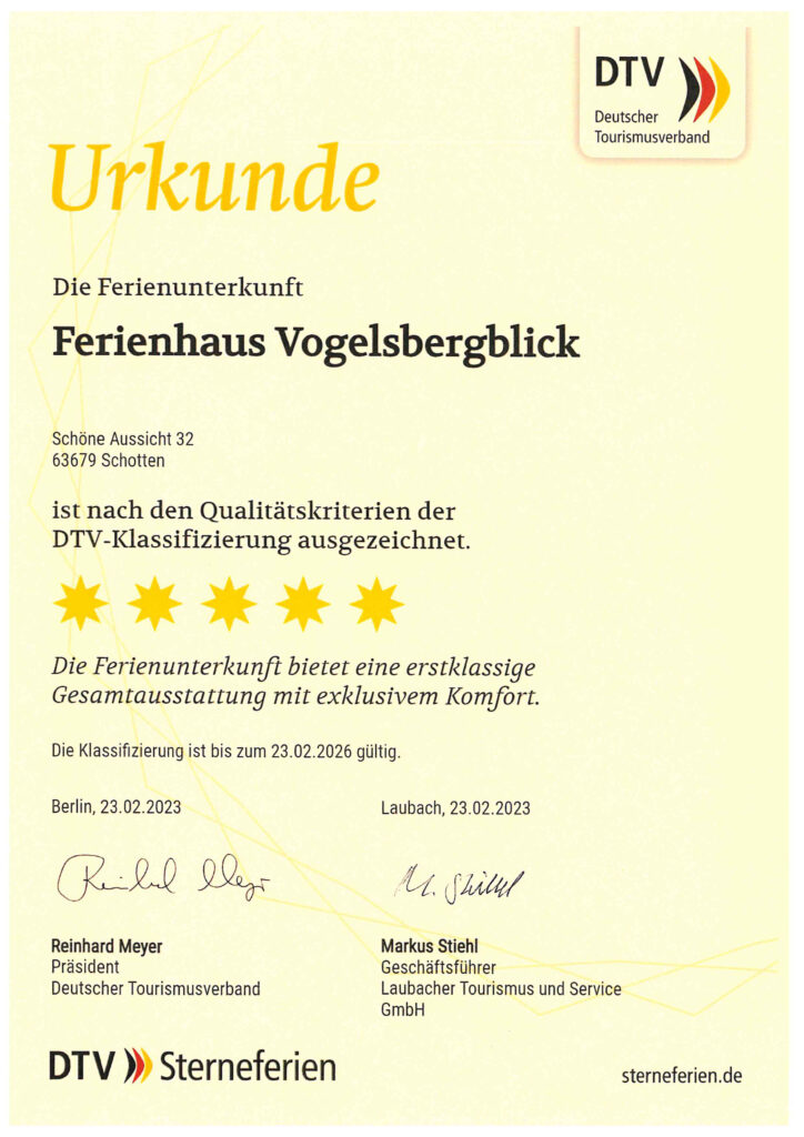 5 Sterne Urkunde Ferienhaus Vogelsbergblick